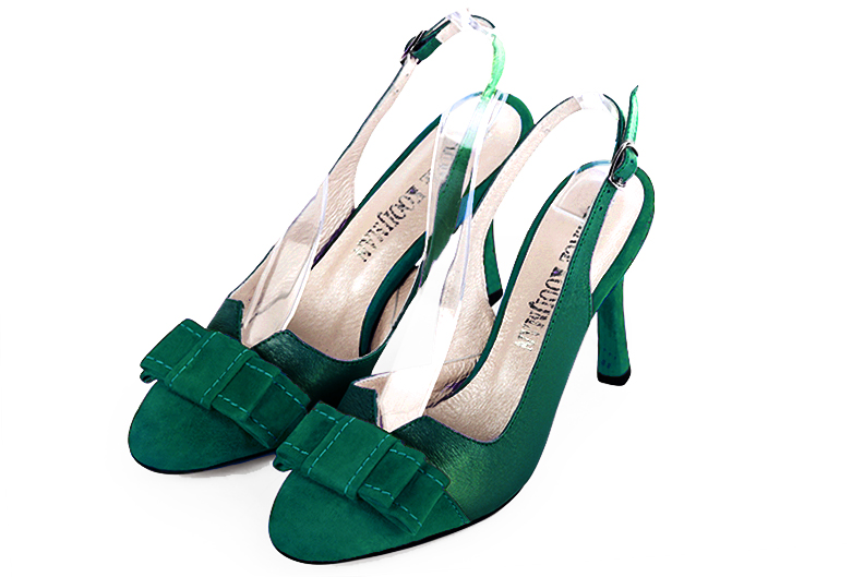 Emerald green women's open back shoes, with a knot. Round toe. High slim heel - Florence KOOIJMAN